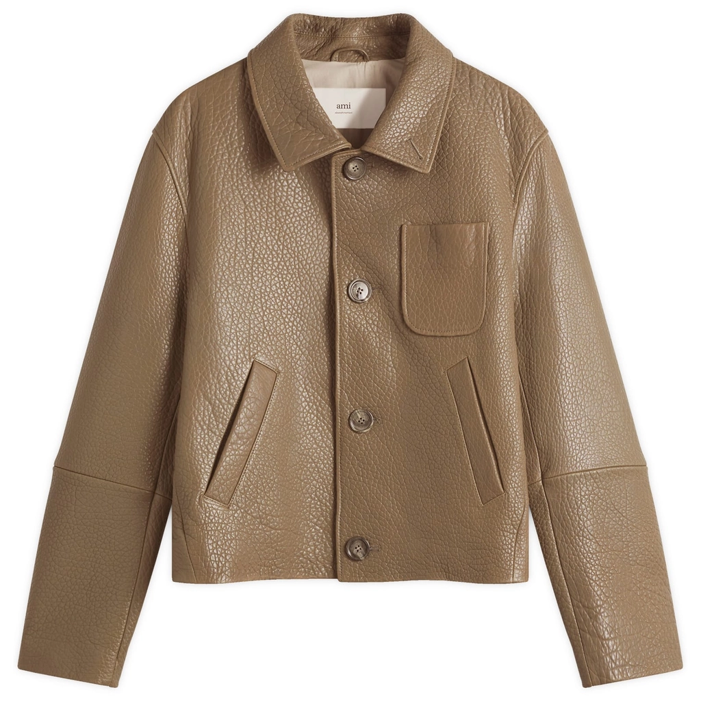 AMI Paris Men's Leather Buttoned Jacket Smoke Grey